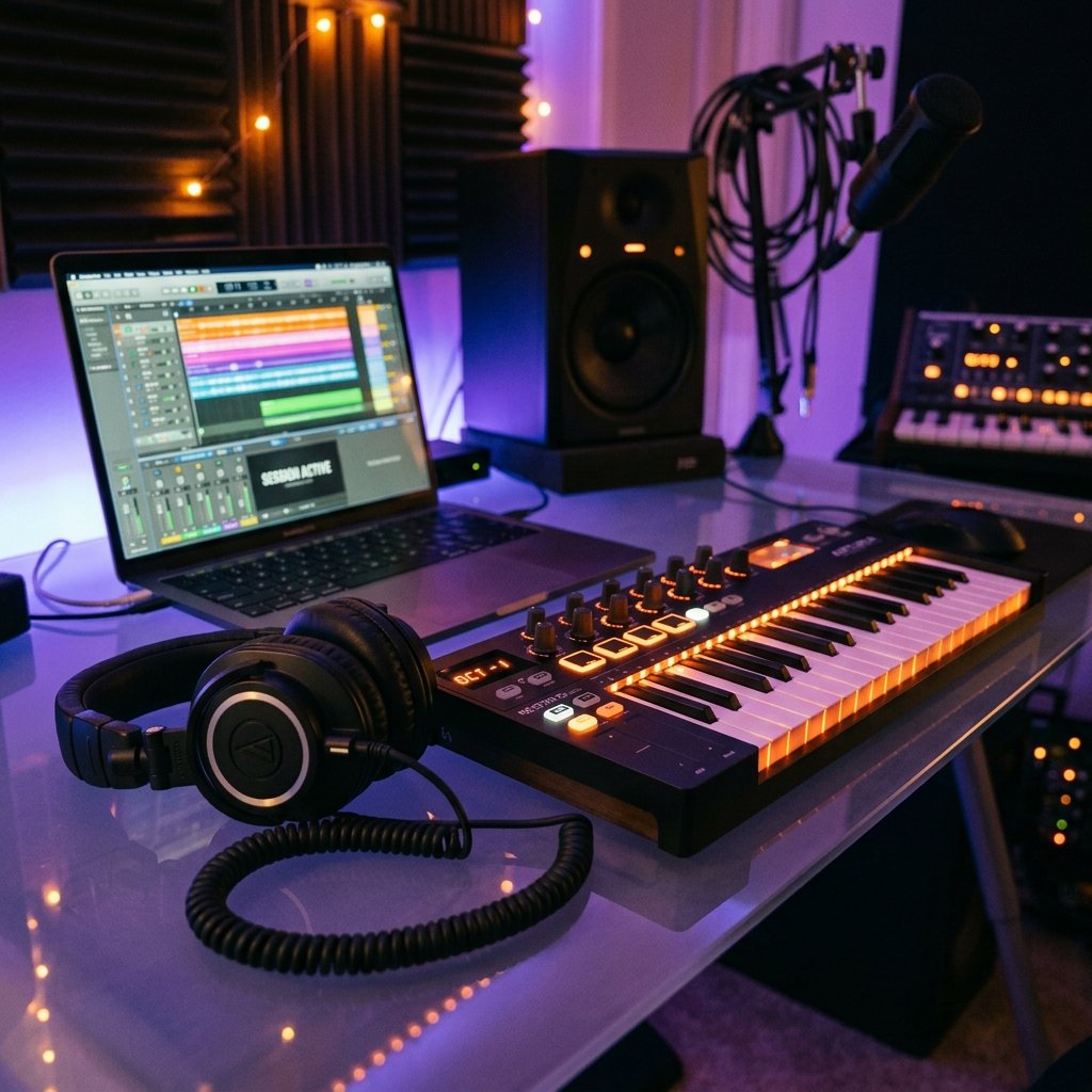 Sleek headphones next to MIDI controller